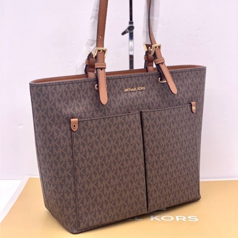Michael Kors Signature Double Pocket Tote Shoulder Bag Brown